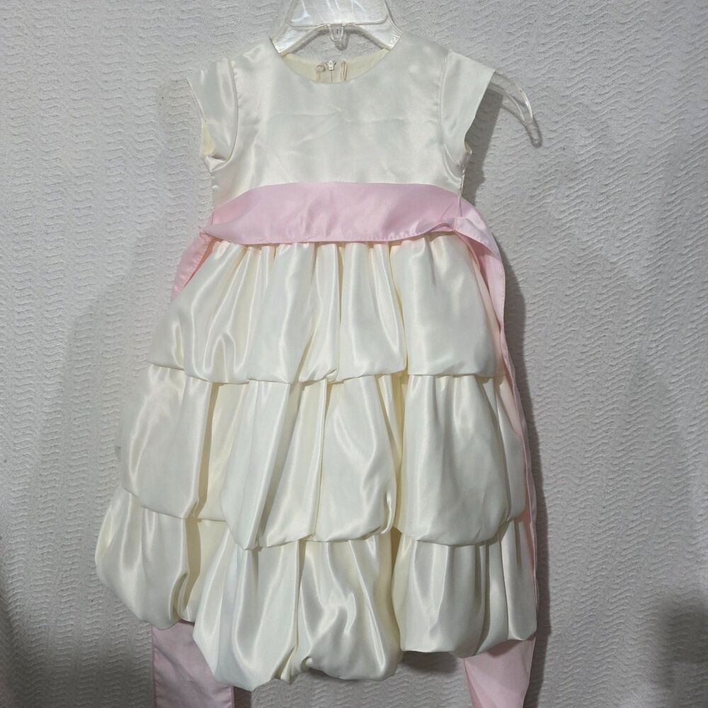 Blossom Proudly Made in the USA Girl Ivory Satin Sleeveless Dress Pink Ribbon 4